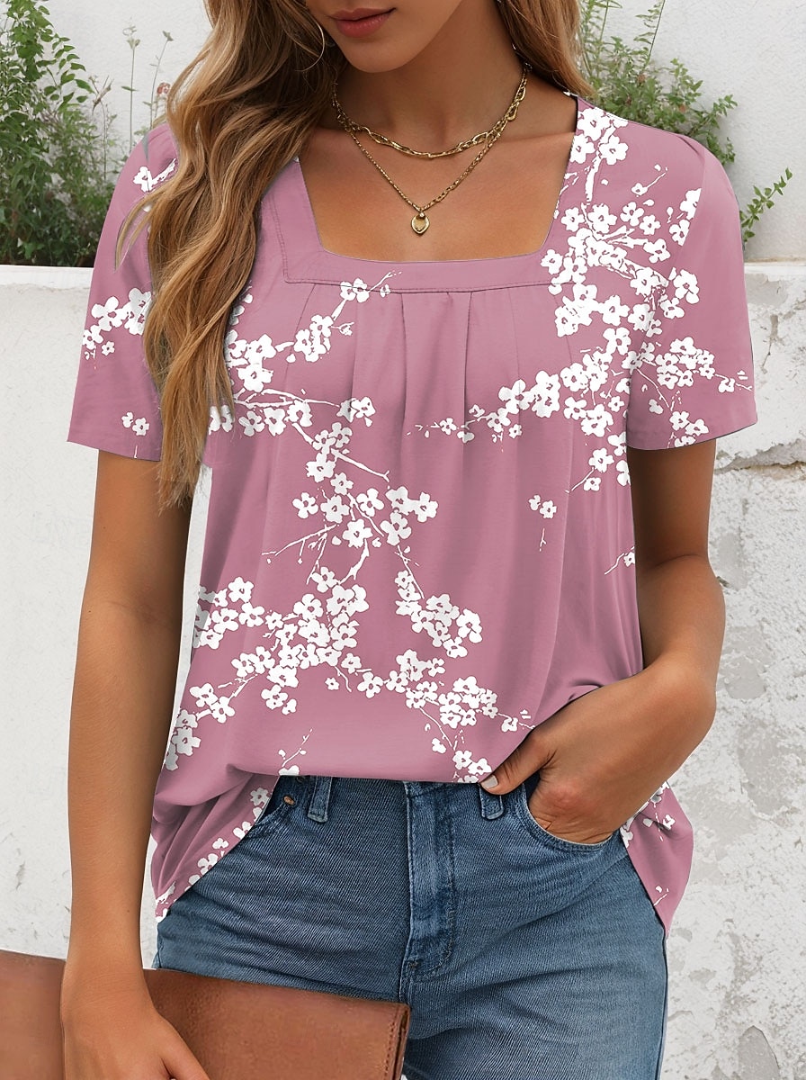 Femmes T-shirt Fleuri Graphique Élégant Classique Occasionnel Manche Courte Col carré Hauts Réguliers Quotidien Week-end Imprimé Rose Claire Bleu Vert Été de 2025 ? $27.99 –P4