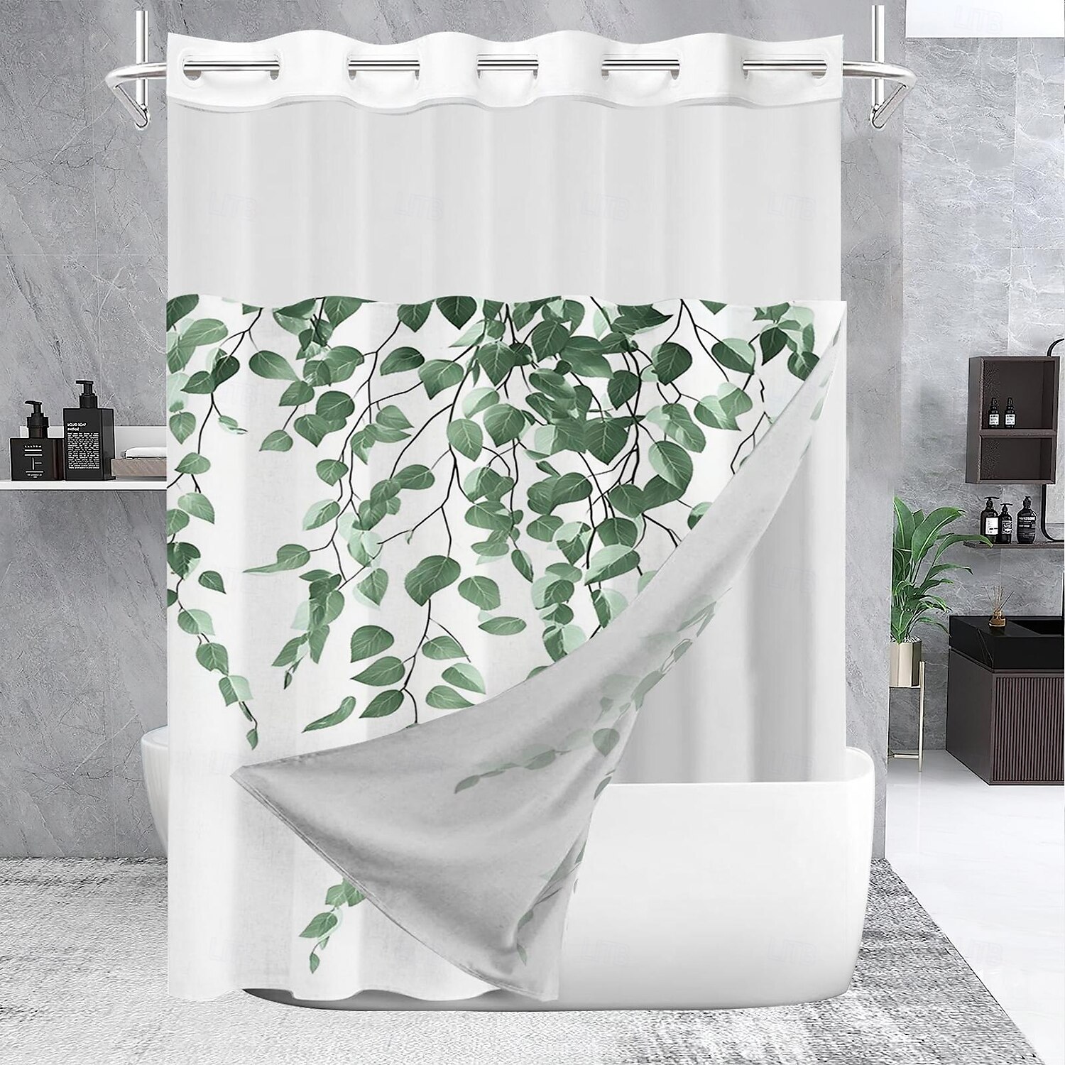 No Hook Shower Curtain 180cm*180cm(70"*70")with Snap-in Polyester Fabric Liner Sheer Top Window Waterproof Double Layer Bathtub Curtain Leaves Pattern 2025 - $41.99 –P11