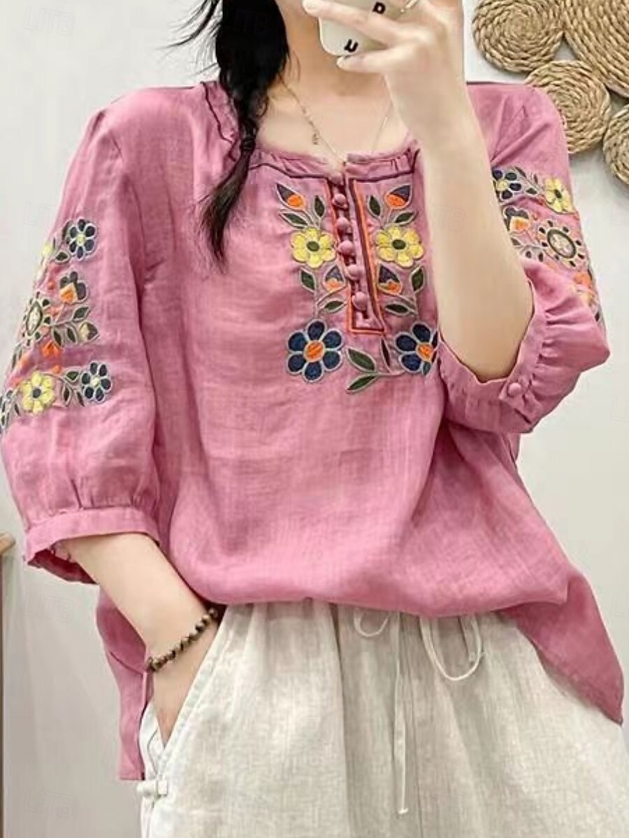 Femmes Chemise Fleuri Élégant Occasionnel Manche 3/4 Col ras du cou Hauts Réguliers Quotidien Broderie Vert Claire Rose Claire Fuchsia Abricot Bleu clair Été Printemps de 2025 ? $19.99 –P5