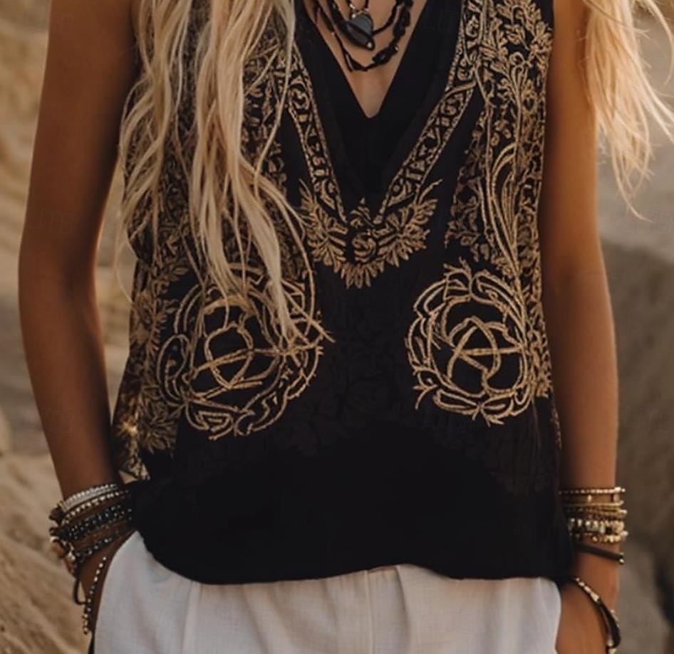 Women's Camisole Tank Top Graphic Leopard Bohemia Daily Ethnic Sleeveless V Neck Regular Tops Daily Black Summer Spring 2025 - $17.99 –P3