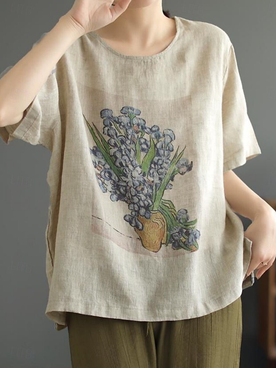 Dame Skjorte Blomstret Grafisk Grunnleggende Fritid Halvlange ermer Crew-hals Vanlige topper Daglig Trykt mønster Hvit Gul Beige Sommer 2025 - $14.99 –P3
