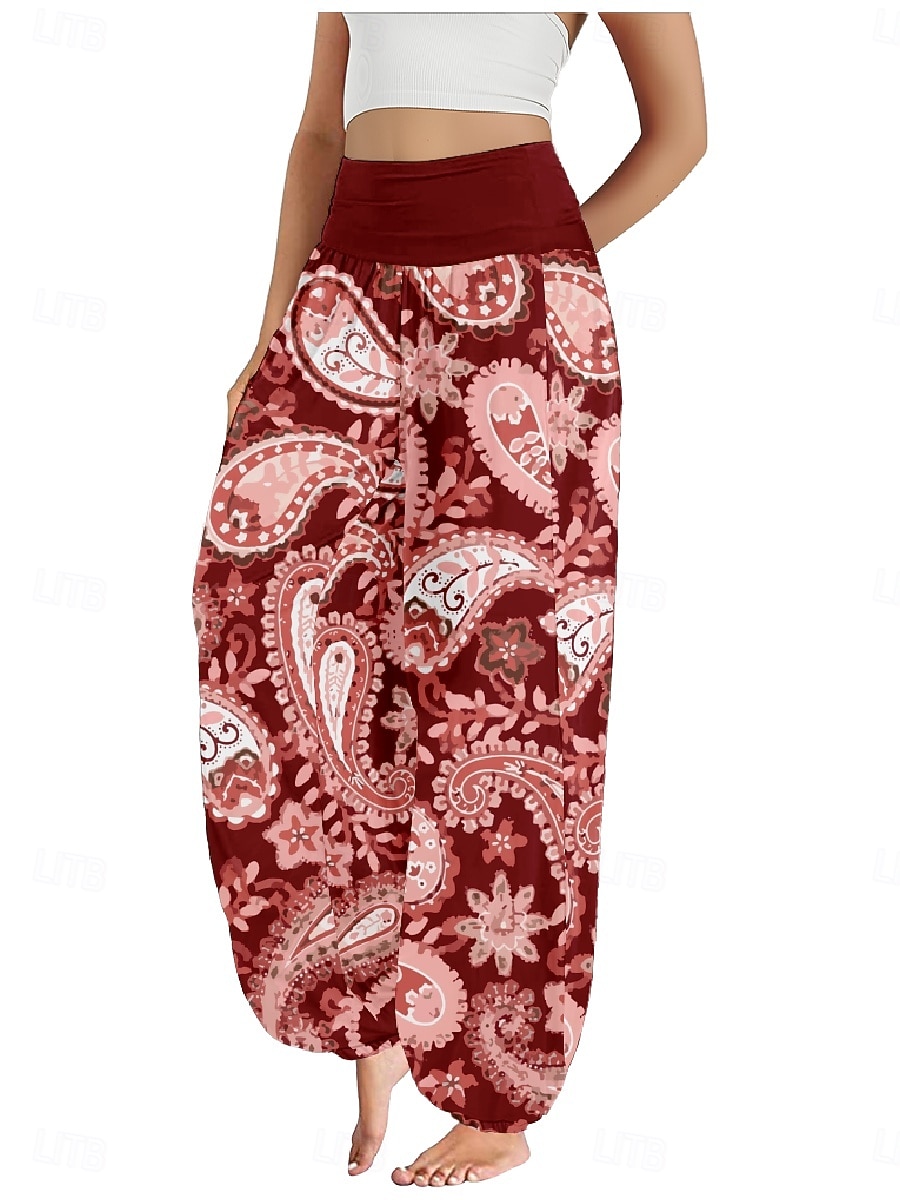 Dam Linneinspirerade byxor Brett skaft Byxor Etnisk Stil Ledigt Boho Fullängd Hög midja Blommig Paisley Ficka Elastisk midja Tryck Mateial som andas Mjuk Microelastisk Utomhus Yoga Röd Blå Mörkgrön 2025 - $21.99 –P10