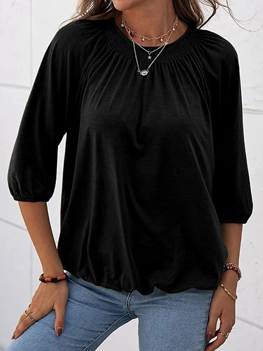 Femmes T-shirt Uni Mode Moderne Manche 3/4 Col ras du cou Hauts Réguliers Quotidien Noir Blanche Rose Claire Vin Vert Véronèse Été de 2025 ? $12.99 –P5