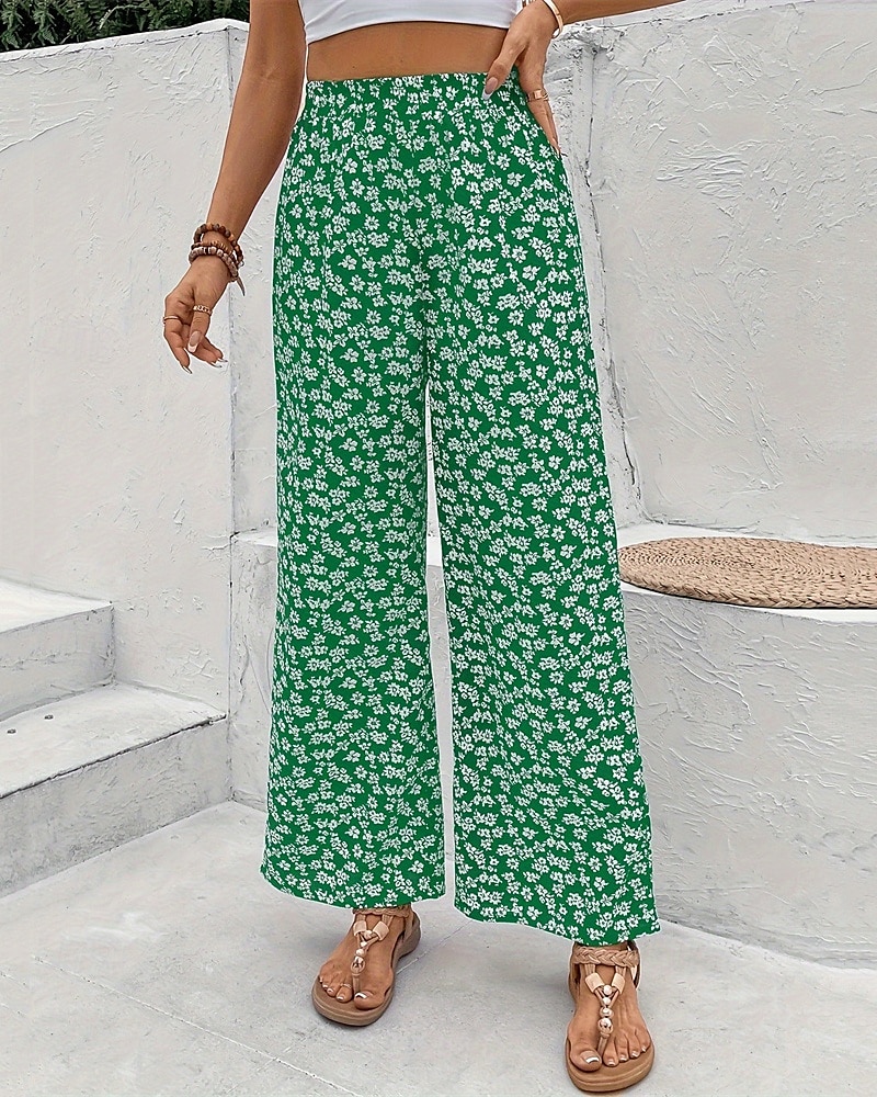 Pentru femei Picior Larg Pantaloni Vacanță Modă Lungime totală Talie medie Flori Talie elastică Respirabil Comfortabil Micro-elastic Stradă Purtare Zilnică Ieșire Negru Alb Galben Trifoi Vară Fit 2025 - $19.99 –P9