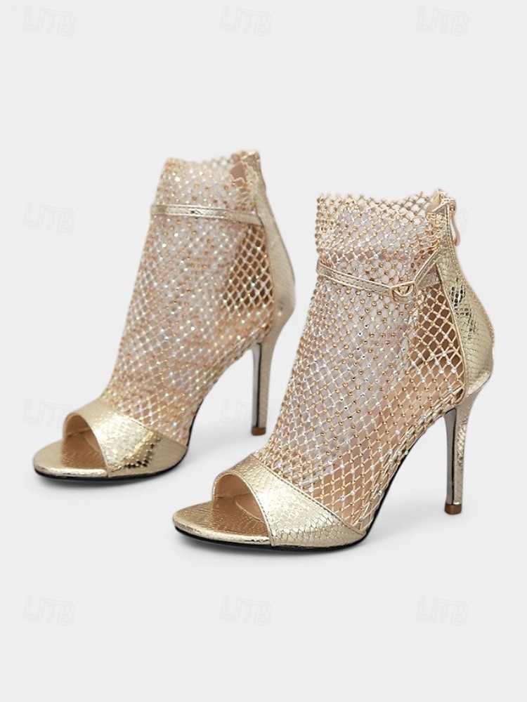 stilettsandaler i netting for kvinner – glitter høye hæler med åpen tå og ankelglidelås for natteliv, cocktailfester og glam-looks om kvelden 2025 - $54.99 –P3