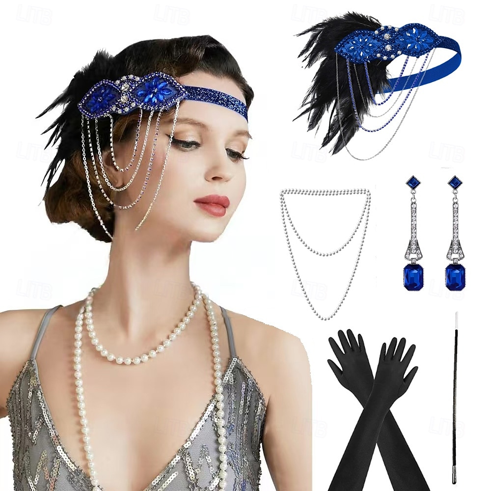 1920-as évek A nagy Gatsby Flapper fejpánt Gyöngyös karkötő Fülbevaló A nagy Gatsby Toll Retro Csillogó glitter Kristály / Strassz Női Farsang Valentin nap Álarcos mulatság Party estélyi viselet 2025 - $23.99 –P1