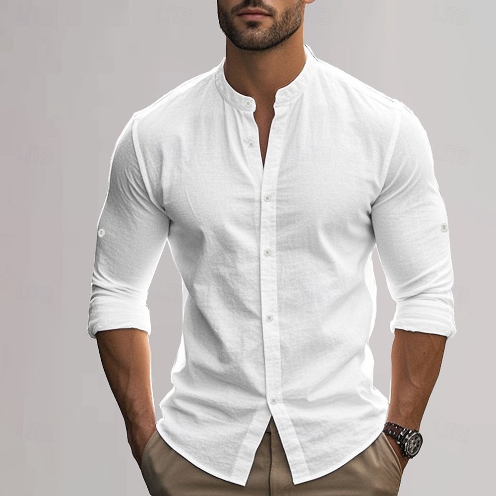 Men's Cotton Linen Shirt Plain Vacation Black White Khaki Dark Gray Long Sleeve Grandad Collar Clothing Apparel 2025 - $25.99 –P9