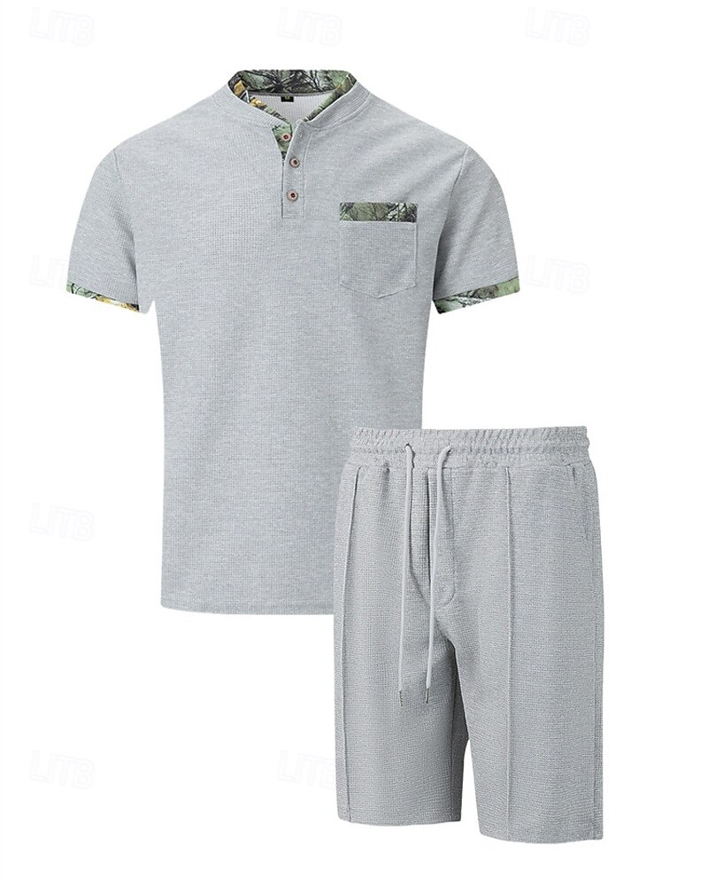 Men's Waffle Shirt T-shirt Suits 2 Pieces Outfits Tee & Shorts Short Sleeve Standing Collar Summer Color Block Fashion Casual 2 Piece Front Pocket Vacation Daily Wear Going out Black White Royal Blue 2025 - $34.99 –P13