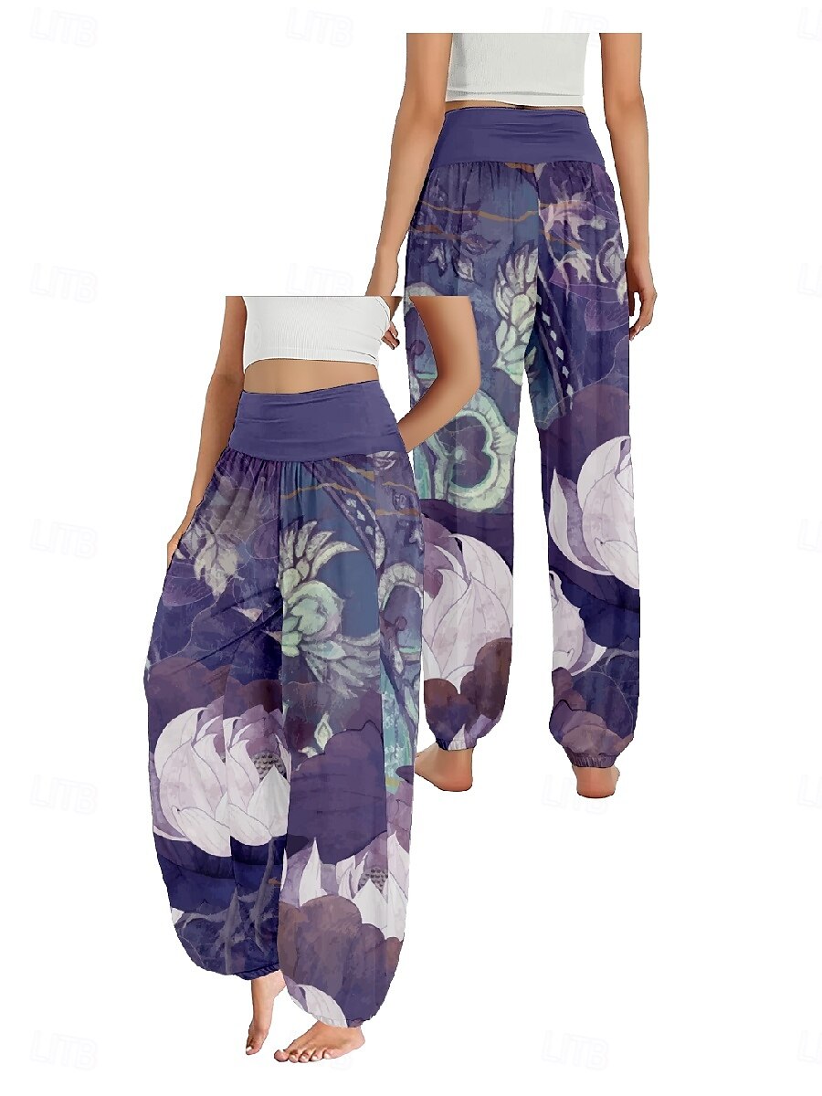Mulheres Calças inspiradas em linho Perna larga Calças Estilo Étnico Casual Boho Comprimento total Cintura Alta Floral Bolsos Cintura elástica Estampado Respirabilidade Macio Micro-Elástica Ao ar de 2025 por $21.99 –P9