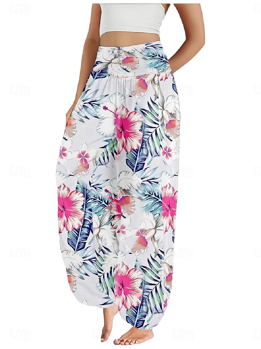 Dam Linneinspirerade byxor Brett skaft Byxor Etnisk Stil Ledigt Boho Fullängd Hög midja Blommig Löv Tropisk Ficka Elastisk midja Tryck Mateial som andas Mjuk Microelastisk Utomhus Yoga Svart Rosa 2025 - $21.99 –P7