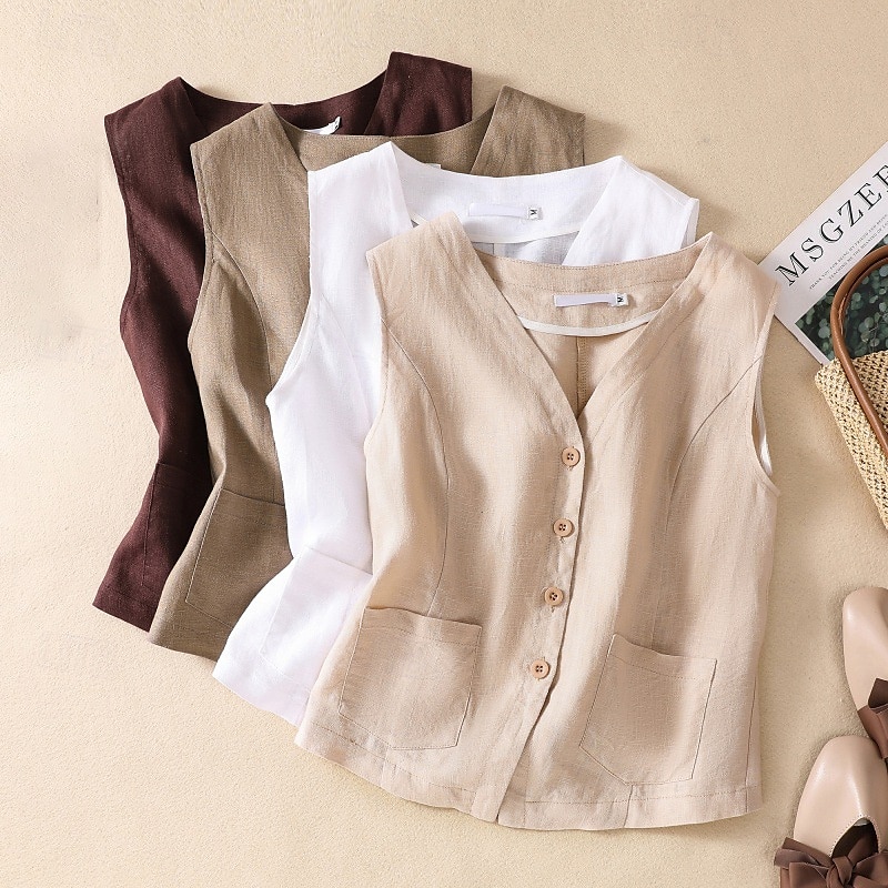 Damen Weste aus Baumwolle und Leinen, schlicht, modern, lässig, ärmellos, V-Ausschnitt, normale Passform, Oberteile, Urlaub, Ausgehen, Knöpfe, Tasche, Weiß, Braun, Khaki, Aprikose, Sommer 2025 - $26.99 –P1