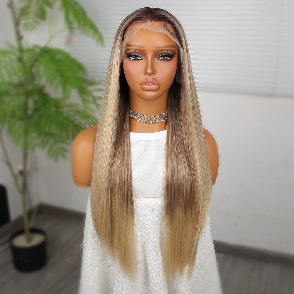 Perruque en dentelle synthétique Lisse Style 26 pouce Couleur mixte Raie au milieu dentelle frontale 13x4 Perruque Femmes Perruque A3 de 2025 ? $62.99 –P2
