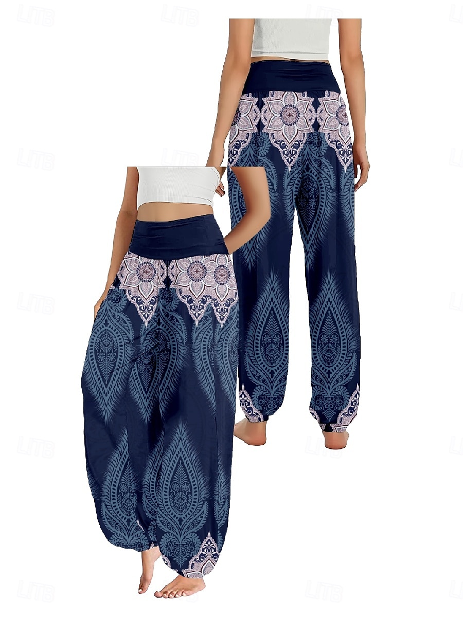 Dam Linneinspirerade byxor Brett skaft Byxor Etnisk Stil Ledigt Boho Fullängd Hög midja Grafiska tryck Ficka Elastisk midja Tryck Mateial som andas Mjuk Microelastisk Utomhus Yoga Svart Blå Purpur 2025 - $21.99 –P1