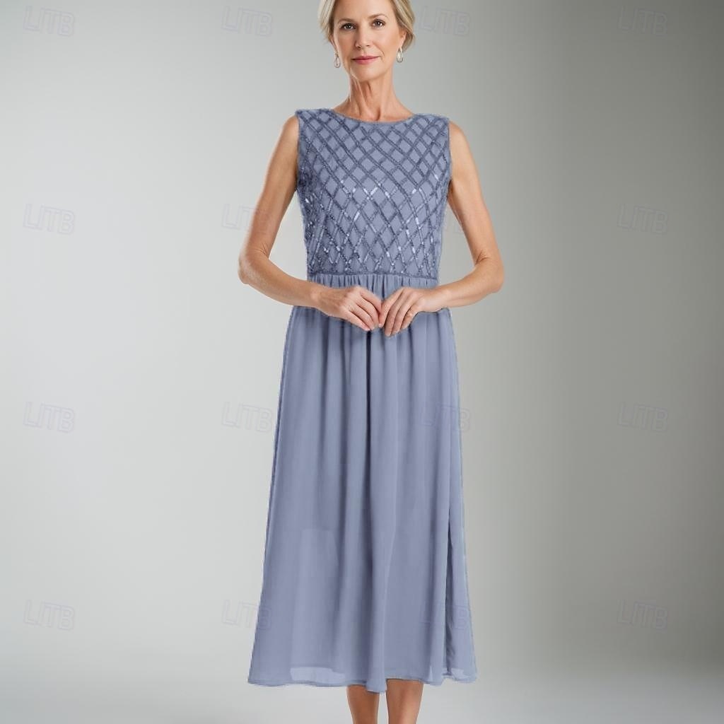 Ligne A Robe de Mère de Mariée  Formel robe demoiselle d honneur Élégant Simple Minimaliste Col ras du cou Longueur thé Chiffon Sans manches avec Paillettes 2025 de 2025 ? $149.99 –P6