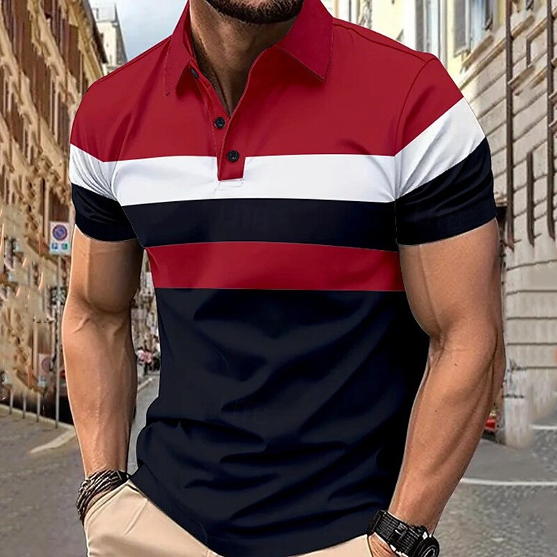 Multipack 3 par Herr Kavajslag Kort ärm Grå + röd + blå Knapp upp Polos Golftröja Golf pikétröjor Lappverk Färgblock Semester Dagliga kläder Polyester Sommar 2025 - $35.99 –P2
