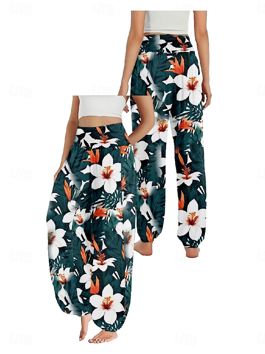 Dam Linneinspirerade byxor Brett skaft Byxor Etnisk Stil Ledigt Boho Fullängd Hög midja Blommig Löv Tropisk Ficka Elastisk midja Tryck Mateial som andas Mjuk Microelastisk Utomhus Yoga Svart Rosa 2025 - $21.99 –P6