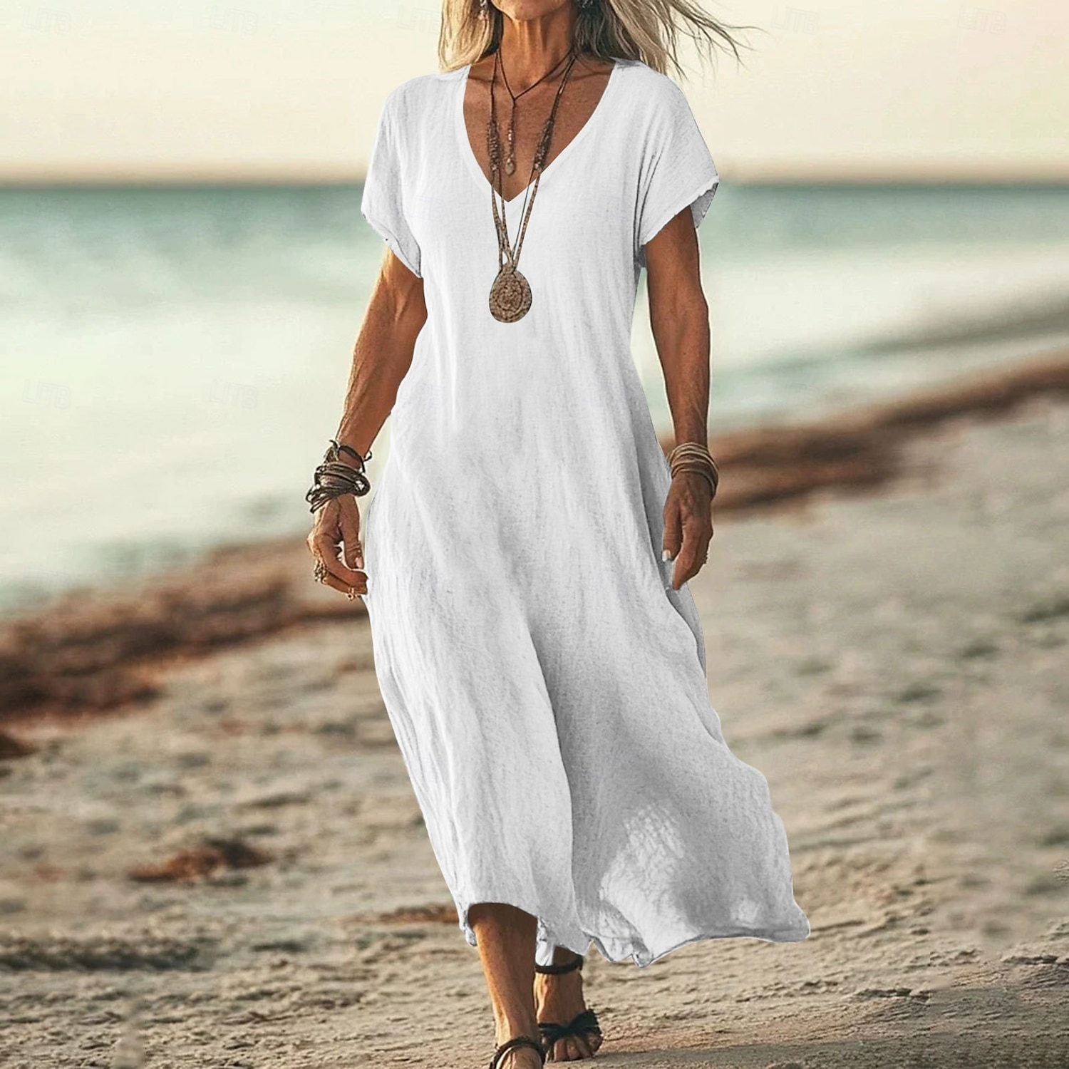 Robe midi féminine robe d'été décontractée quotidienne vacances plage ajustement régulier lin-like unie à manches courtes col en V blanc rose bleu vert été de 2025 ? $26.99 –P4