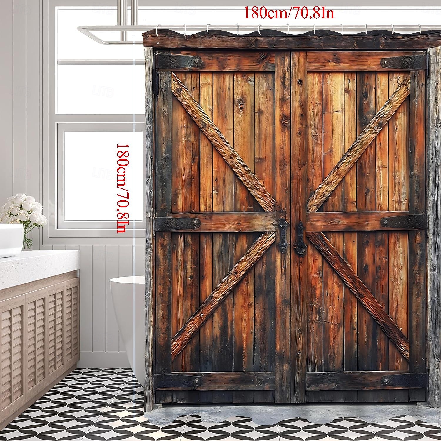 Zuhanyfüggöny 12 kampóval 180cm*180cm (70"*70") poliészter gépben mosható vízálló vintage hamis ajtó pajta minta 2025 - $19.99 –P4