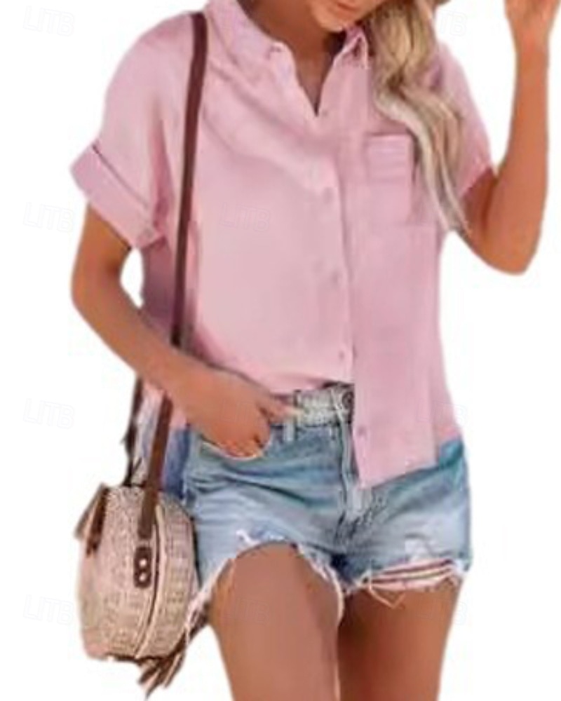 Per donna Camicie di cotone e lino Blusa Semplice Moderno Casual Manica Corta Colletto a Camicia Top Regolari Ferie Uscire Bottoni Tasca Nero Bianco Rosa Estate del 2025 a $24.99 –P8