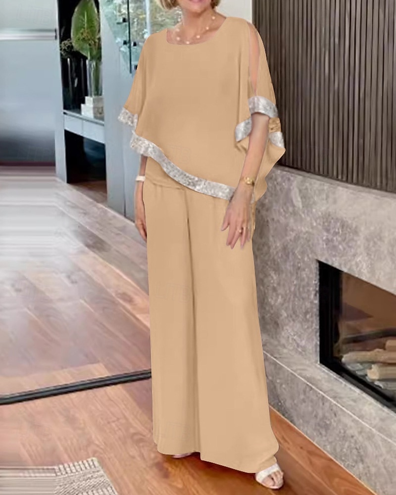 Tuta Due Pezzi Abito Madre della Sposa Elegante Vintage Semplice Scollatura Rotonda Lunghezza a Terra Chiffon Manica Mezza con Paillettes del 2025 a $99.99 –P7