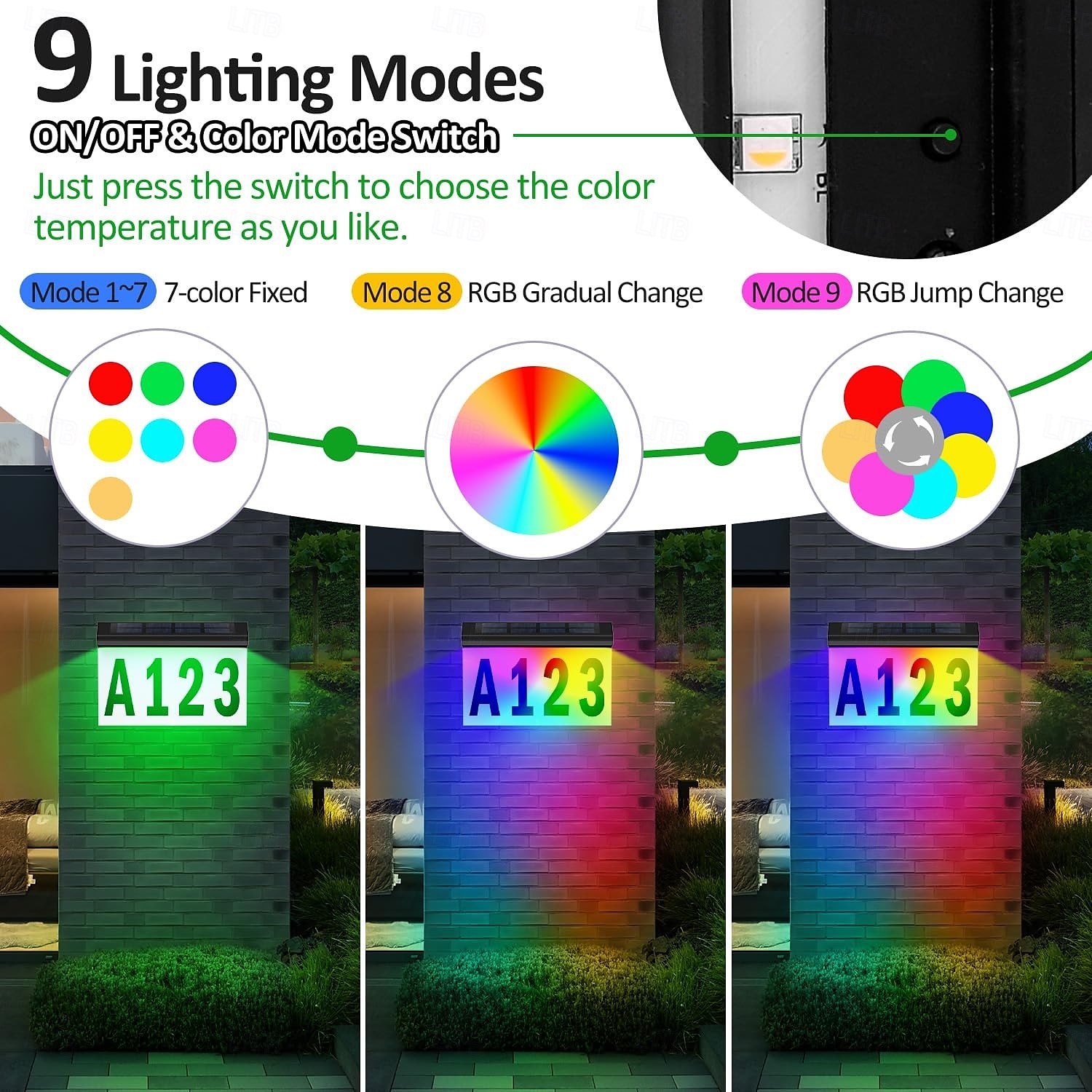 1 Pc Outdoor Solar Adress Lights Wall Lights Rgb Color Changing Door Number Light Wall Mounted And Ground Plugged In Two Remote Control Methods For Controlling Street Signs, Porch Lighting 2025 - $43.99 –P3