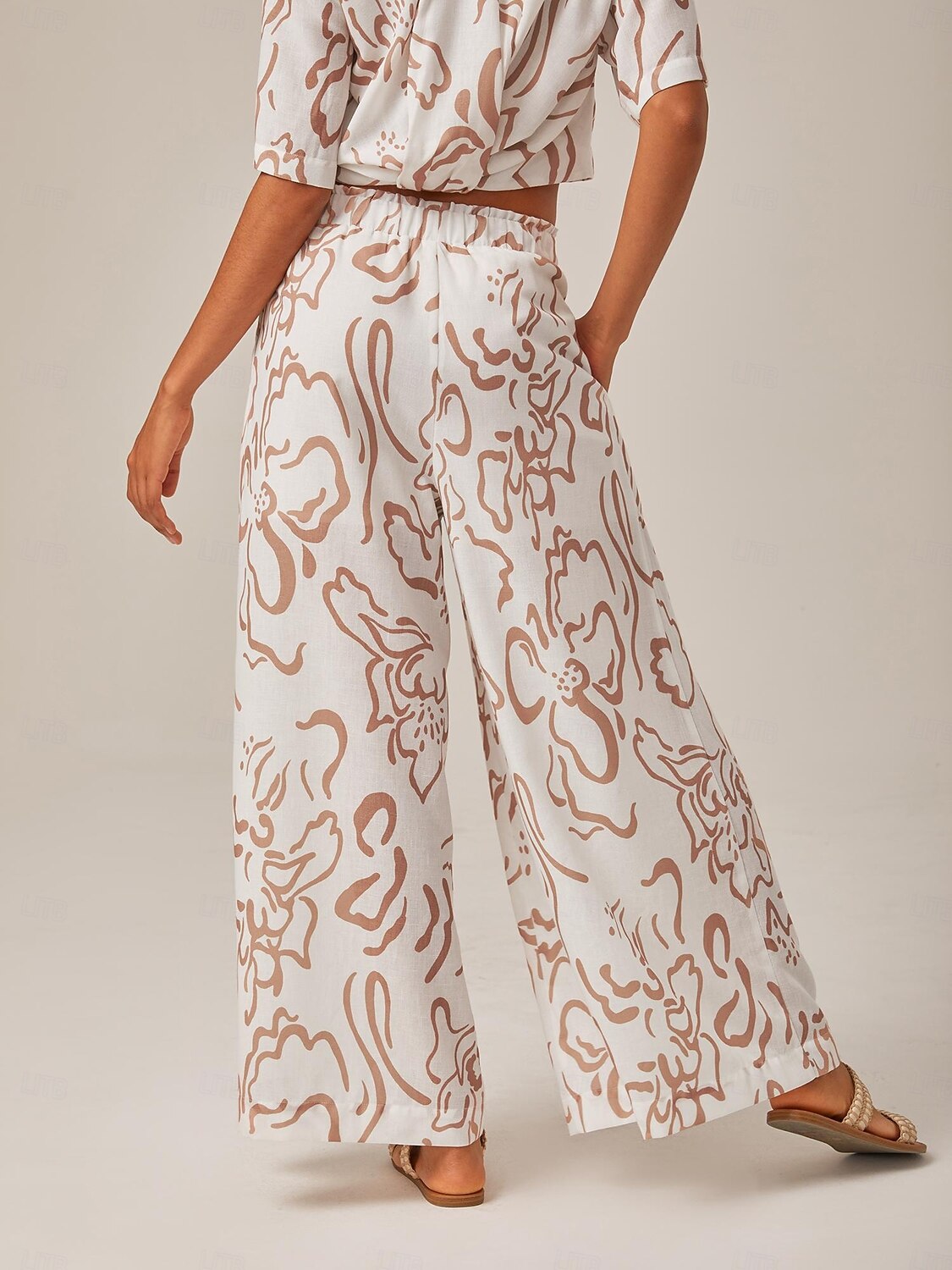 Artistic Print Elastic Tie Waist & Linen-Like Fabric Wide-Leg Pants 2025 - $69.99 –P8
