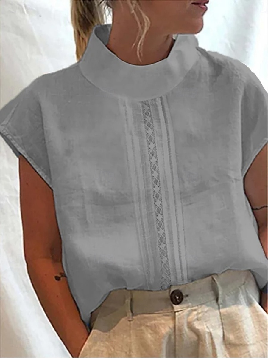 Blusa Donna Cotone Lino Monocromatica Basic Casual Manica Corta Alta Collo Top Quotidiani Patchwork Bianco Grigio Estate Primavera del 2025 a $23.99 –P3