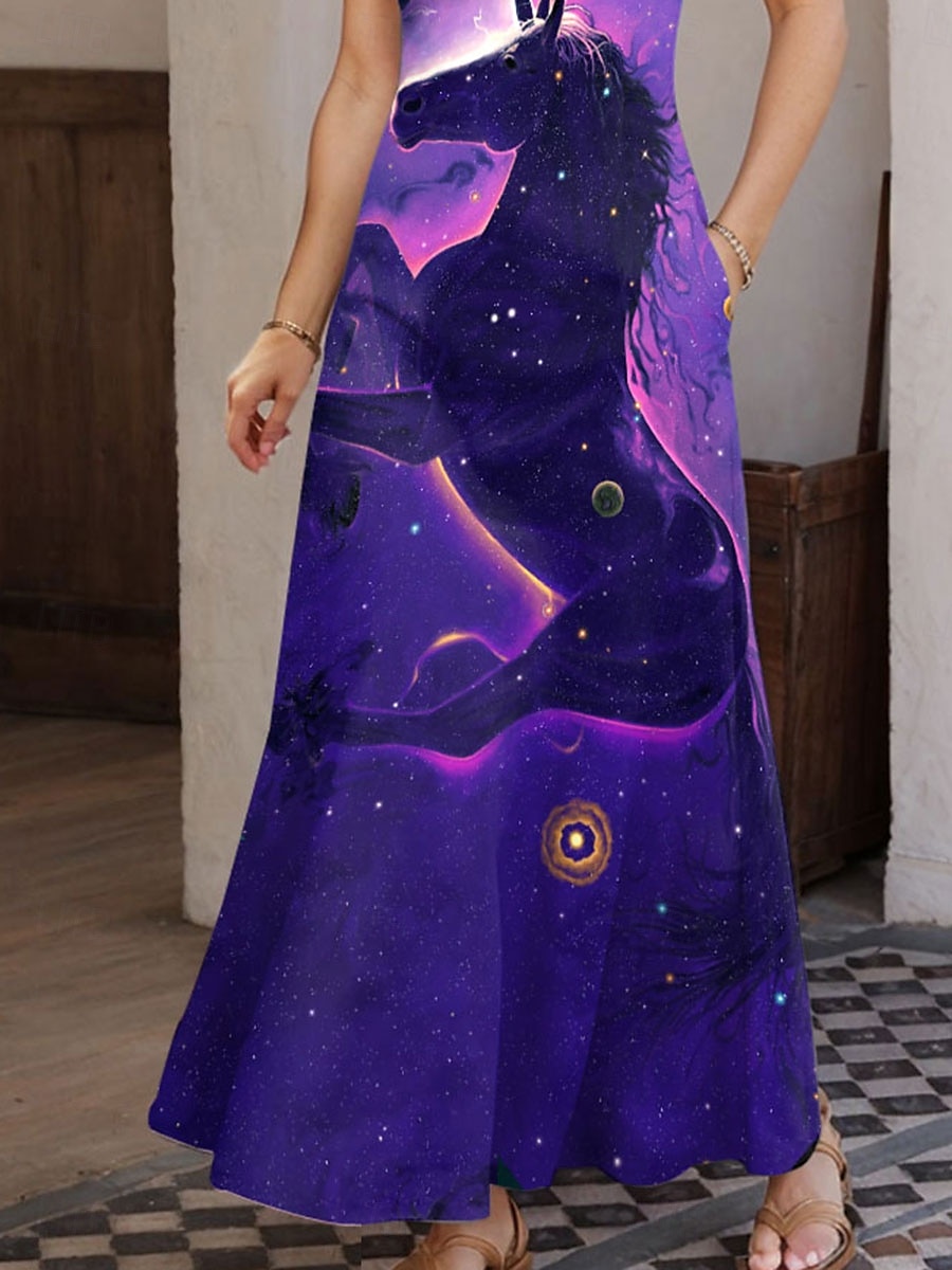 Unicorn Nebula di Vincent Hie, abito lungo da donna, abito a trapezio, abito estivo, abito con spalle scoperte, vacanza, casual, festa, appuntamento, vestibilità regolare, grafico, animali, senza del 2025 a $27.99 –P2
