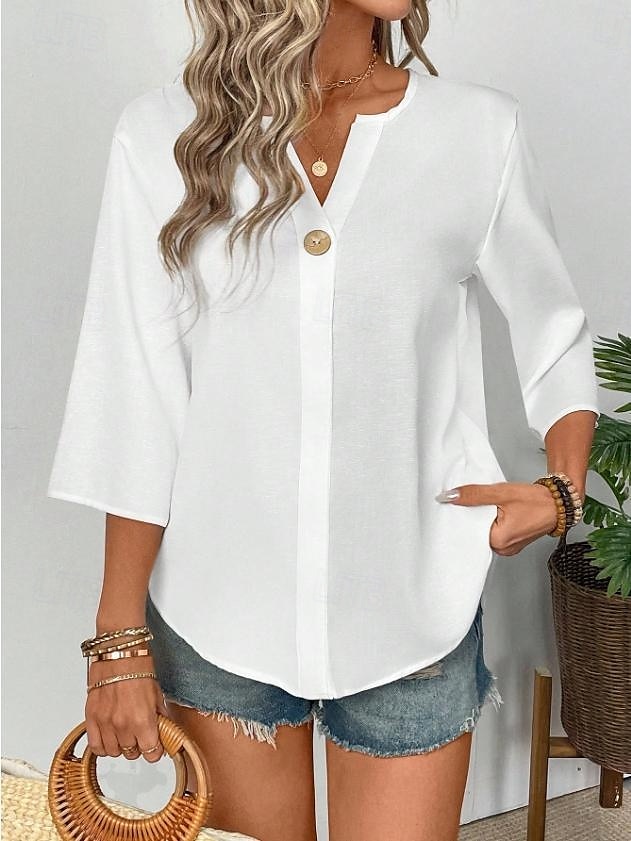 Dame Bluse Helfarge Stilfull Fritid 3/4 ermer V-hals Vanlige topper Daglig Ferie Knapper Svart Hvit Oransje Sommer Vår 2025 - $26.99 –P1