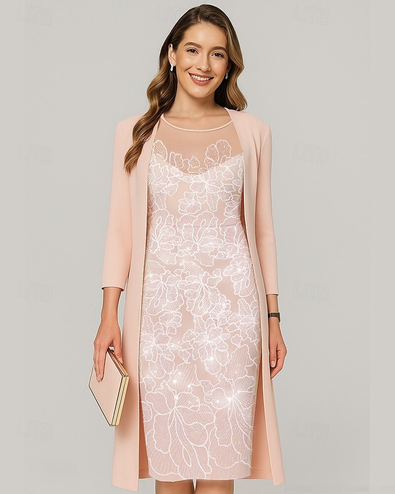 Ensembles de Robes Deux Pièces Robe Mère de la Mariée Élégante Illusion Col Longueur Genoux Chiffon Manches Mi-Longues avec Broderie de Sequins de 2025 ? $144.99 –P5