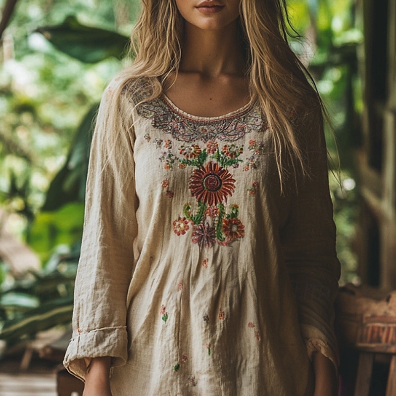 Pentru femei Bluză occidentală Cămașă Boho Bluză Floare Modern Casual Boho Manșon Lung Stil Nautic Topuri obișnuite Concediu Ieșire Imprimeu Verde Deschis Bleumarin Caisă Vară 2025 - $21.99 –P1