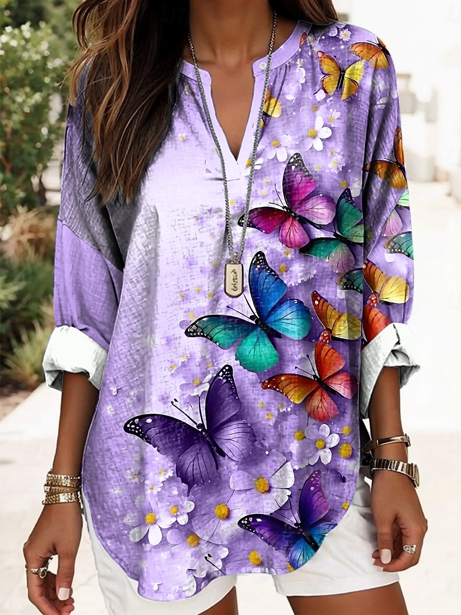 Damen Bluse Sommer Oberteile Blumendruck Vintage Tropen Hawaii Langarm V-Ausschnitt Reguläre Oberteile Täglich Feiertag Strandmode Druck Marineblau Blau Lila Grün Beige Sommer Frühling 2025 - $24.99 –P4