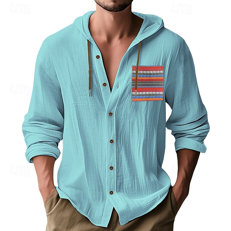 Men's Shirt Linen Shirt Summer Shirt Beach Shirt Button Up Shirt Hooded Shirt Plain Vacation Daily Wear Black White Sky Blue Khaki Long Sleeve Hooded Summer Clothing Apparel Patchwork 2025 - $22.99 –P8