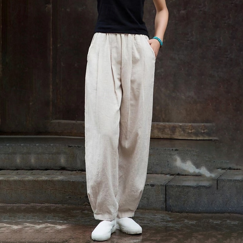 Mujer Pantalones de lino y algodón pantalones Ropa de calle Casual Longitud total Cintura Media Plano Bolsillo Cintura elástica Confortable Cómodo Diario Fin de semana Albaricoque Negro Azul Marino 2025 - $22.99 –P2
