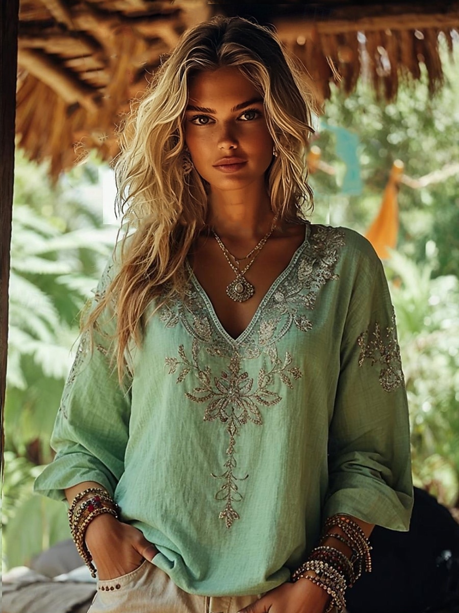 Femmes Chemisier Fleuri Graphique Paisley Bohème ancien Tropical Manche 3/4 Col en V Hauts Réguliers Froncé Broderie Imprimé Rose Claire Bleu Violet Vert Été Printemps de 2025 ? $24.99 –P2