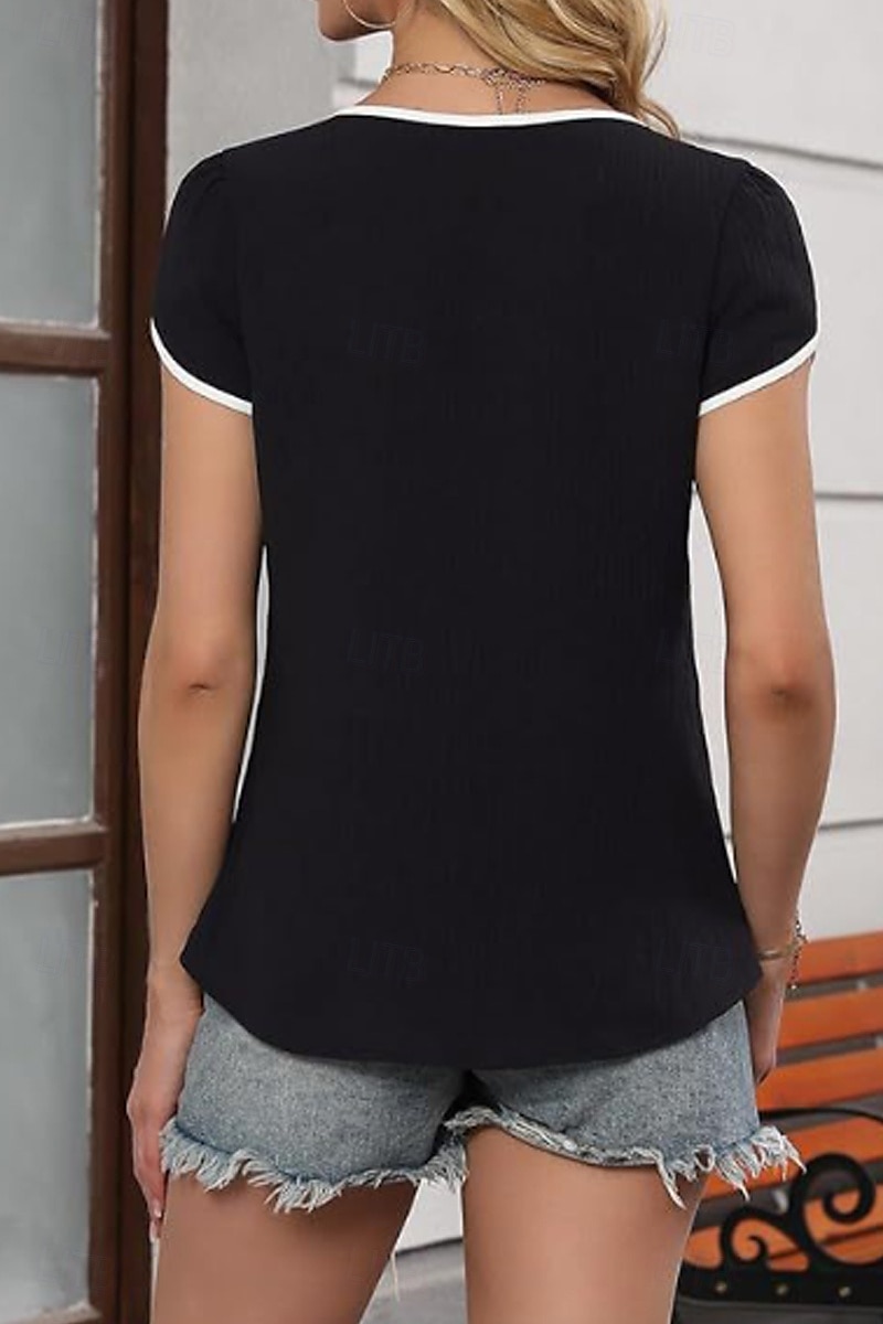 Femmes Chemisier Bloc de Couleur Moderne Occasionnel Manche Courte Col en V Hauts Réguliers Fête Sortir Patchwork Noir Blanche Vert Abricot Été de 2025 ? $21.99 –P10