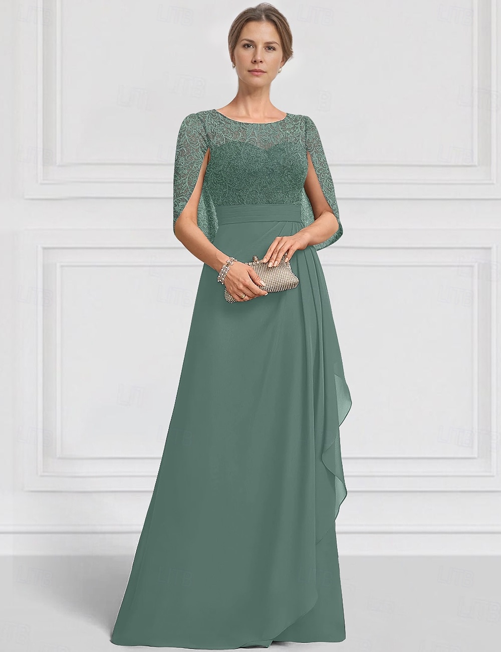 Abito per la Madre della Sposa A-Line Blu Verde Elegante Collo a Giro Lunghezza Piena Chiffon Maniche Corte Giacca con Ricamo in Pizzo del 2025 a $148.99 –P3