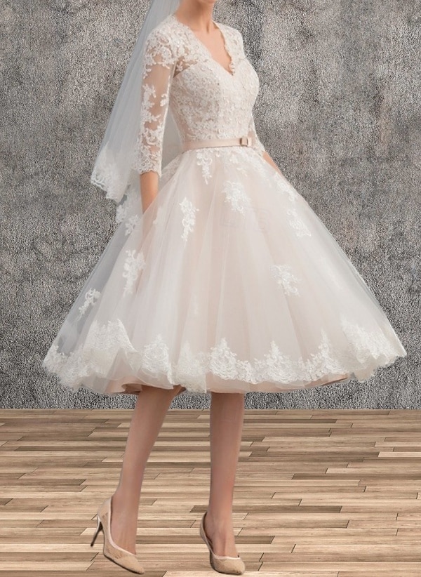 Mini Abiti Bianchi per Fidanzamento Abiti da Sposa A-Line Scollo a V Manica 3/4 Lunga Fino al Ginocchio in Raso con Fascia  Applicazioni del 2025 a $155.99 –P5