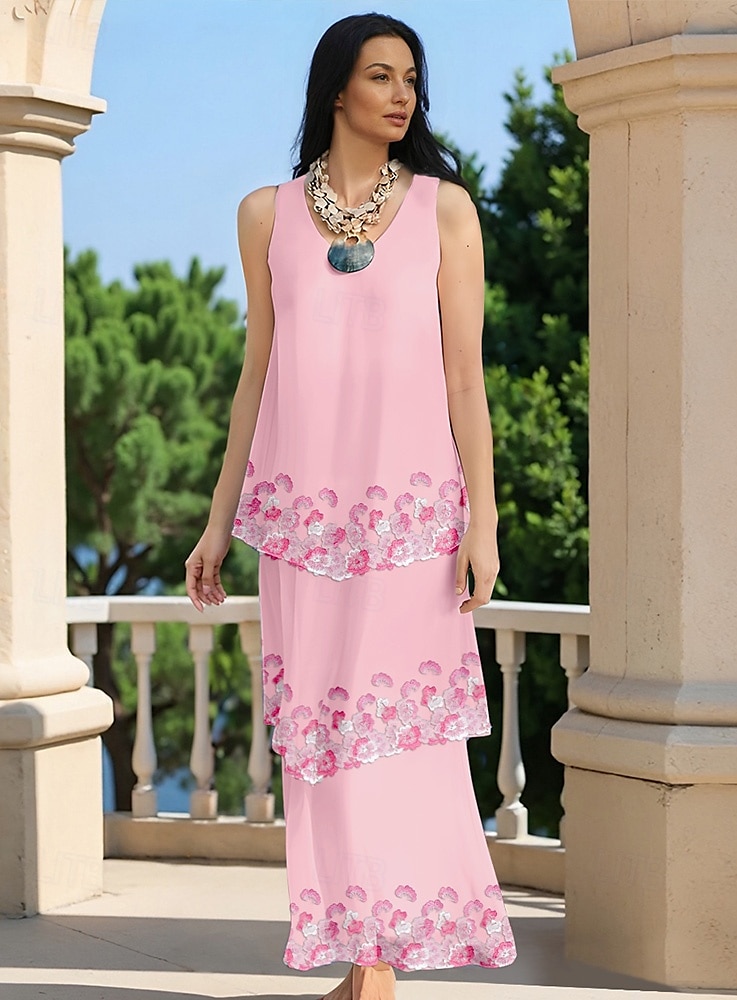 Sheath Säule Brautmutterkleid Elegant Einfach Rundhals Bodenlänge Chiffon Spitze Ärmellos mit bestickten Spitzen fallenden Rüschen 2025 - $156.99 –P4