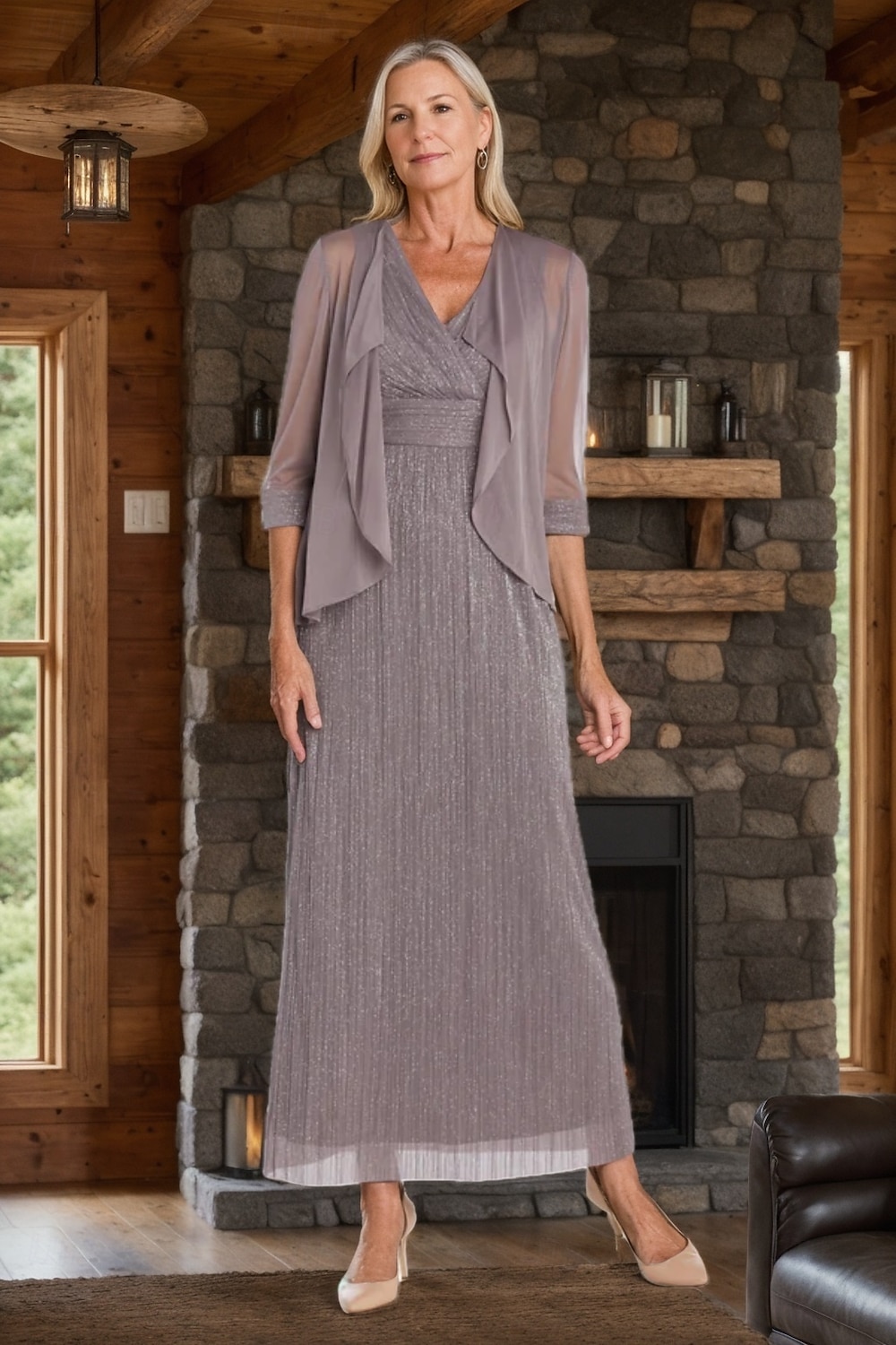 Zweiteilig Glitzer Chiffon A-Linie Kleid der Mutter der Braut Elegant Einfach Minimalistisch V-Ausschnitt Bodenlänglich Ärmellos Halblangärmel mit Jacke 2025 - $148.99 –P1