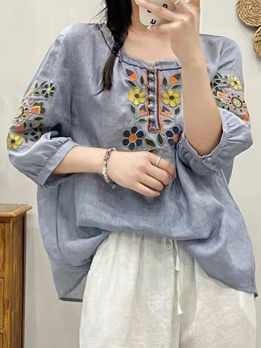 Femmes Chemise Fleuri Élégant Occasionnel Manche 3/4 Col ras du cou Hauts Réguliers Quotidien Broderie Vert Claire Rose Claire Fuchsia Abricot Bleu clair Été Printemps de 2025 ? $19.99 –P18
