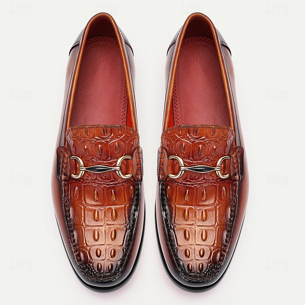 Herren-Loafer aus braunem Leder mit Krokodilmuster und goldenen Details – Kentucky-Derby-Schuhe für formelle und halbformelle Anlässe 2025 - $94.99 –P5