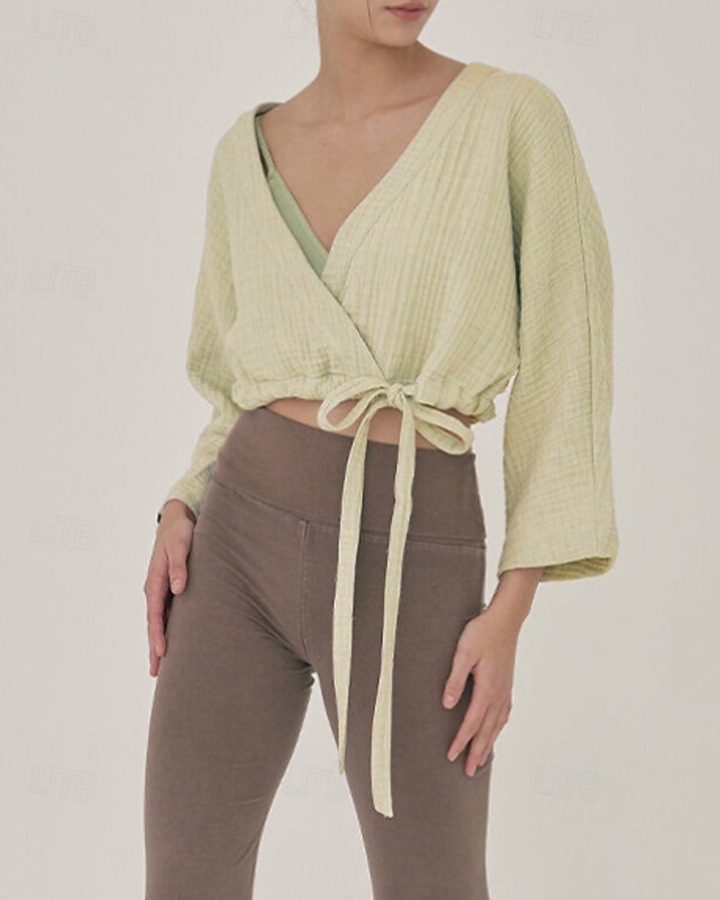 Dame Linskjorte Bluse عادي Fritid Langermet V-hals Crop Tops Daglig Ut på byen knyte foran Hvit Gul Brun Sommer 2025 - $36.99 –P5