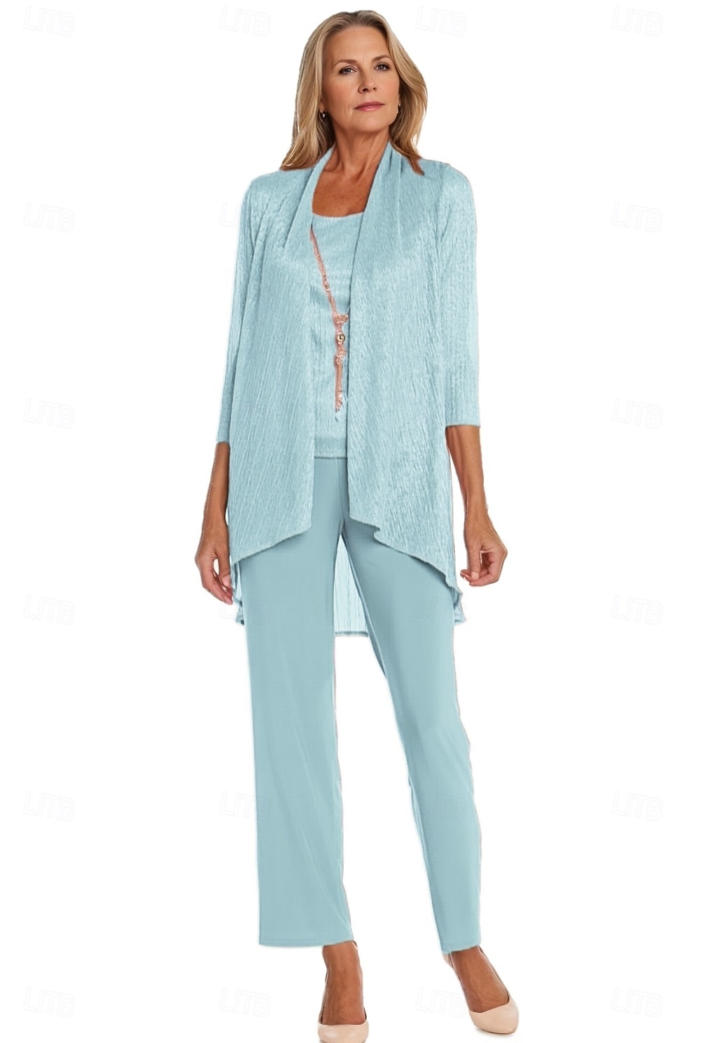 Completo pantalone 3 pezzi per la madre della sposa, elegante, con scollo rotondo, lunghezza pavimento, in chiffon, maniche lunghe, con volant a cascata in pizzo, arricciato, 2025 del 2025 a $148.99 –P8