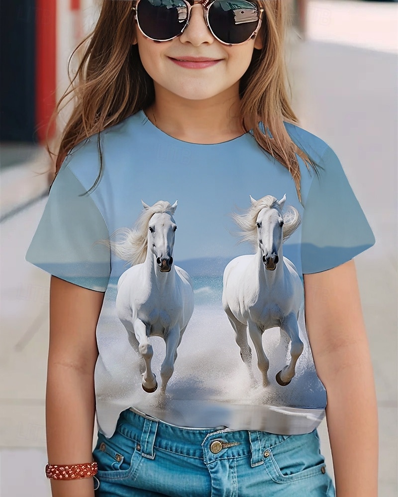 Mädchen 3D Pferd T-Shirt Kurzarm Sommer Frühling Mode Basic Kinder 4-12 Jahre Rundhalsausschnitt Outdoor Lässig Täglich Normale Passform 2026 - $11.99 –P2
