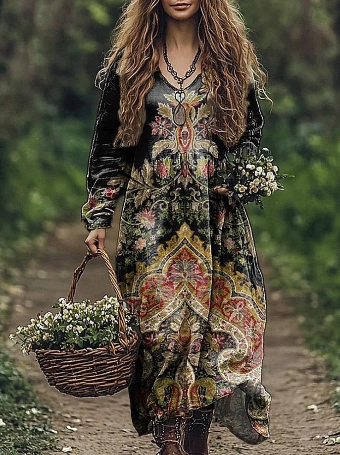 Damskie Sukienka maxi Sukienka letnia Plisowana sukienka Urlop Codzienny Boho Wyjściowe Plaża Luźny / a Graficzny W Tureckie Wzory Długi rękaw W serek Głęboka zieleń Czarny Czerwony Niebieski Lato 2025 - $35.99 –P3
