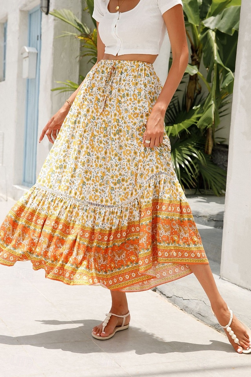 Pentru femei Fustă Boemia Casual Boho Maxi Talie Medie Fuste Floral Imprimeu Micro-elastic Vacanță Stradă Migdală Roșu-aprins Albastru piscină Portocaliu Vară Celofibră 2025 - $21.99 –P11