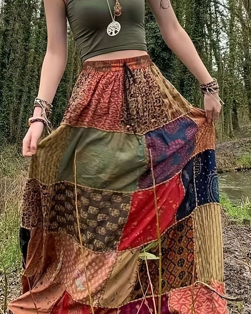 Damen Rock Lässig Boho Maxi Mittlere Hüfthöhe Röcke Blumen Druck Mikroelastisch Urlaub Straße Rote Blau Sommer Polyester 2025 - $22.56 –P4