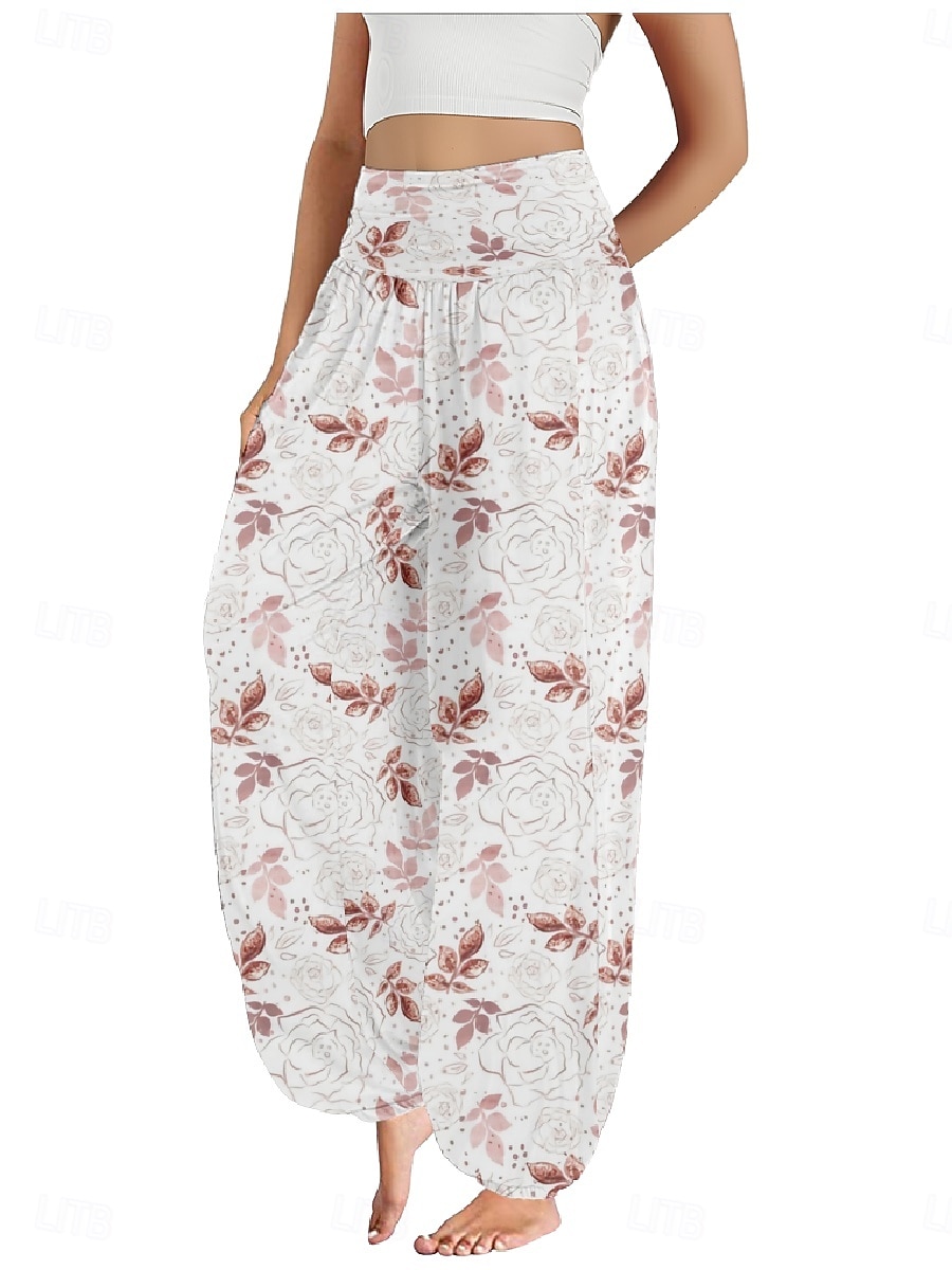 Dam Linneinspirerade byxor Brett skaft Byxor Etnisk Stil Ledigt Boho Fullängd Hög midja Blommig Ficka Elastisk midja Tryck Mateial som andas Mjuk Microelastisk Utomhus Yoga Vit Gul Rosa Purpur Sommar 2025 - $21.99 –P16