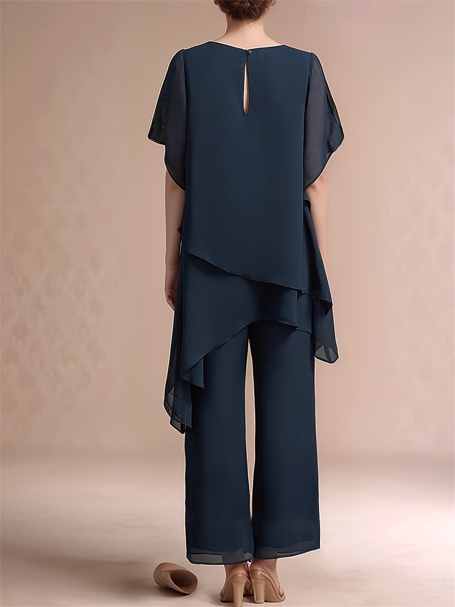 Ensemble de pantalon 2 pièces robe de mère de la mariée classique à col rond élégante en chiffon asymétrique à manches courtes avec une couleur unie de 2025 ? $79.99 –P3